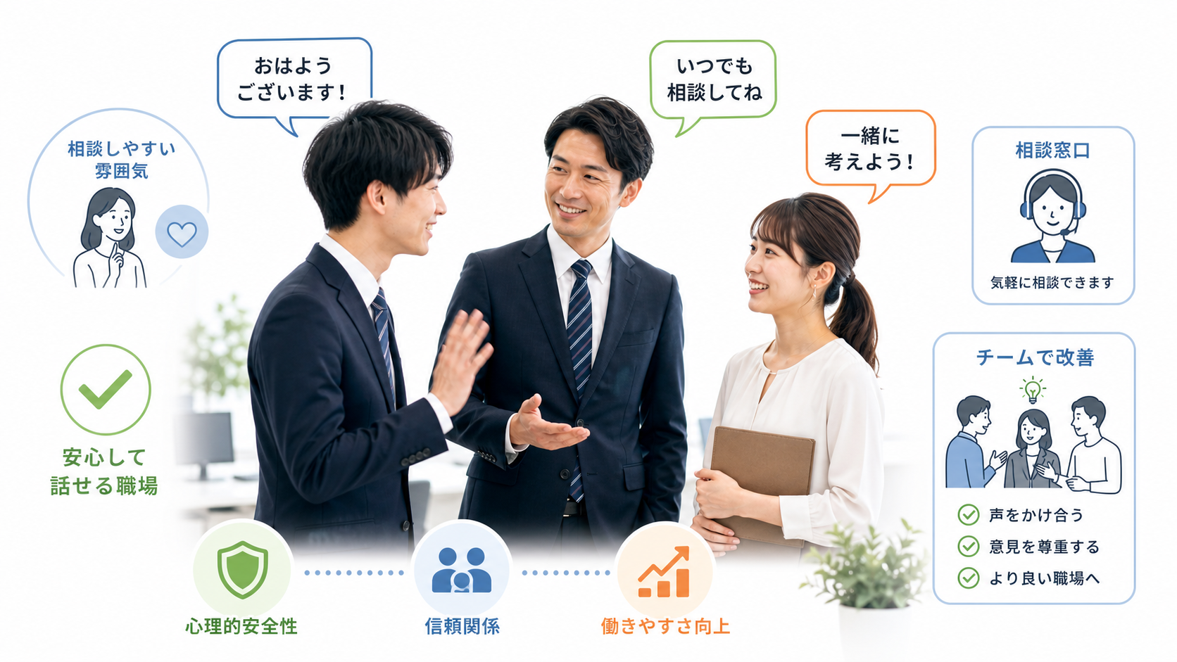 若手社員の挨拶を起点に職場コミュニケーションを改善するビジネスビジュアル