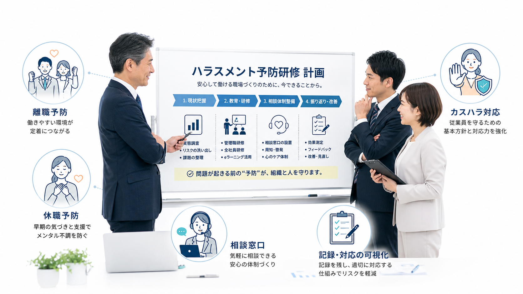 問題が起きる前にハラスメント研修を行う重要性を示すビジネスビジュアル
