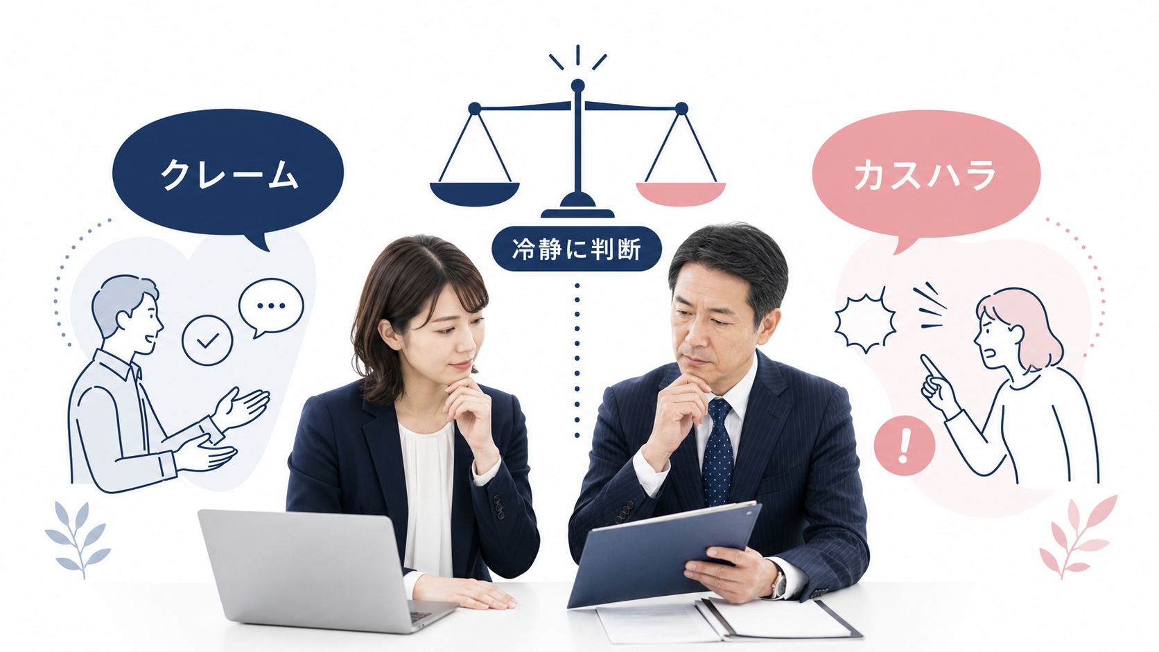 カスハラとクレームの違いを整理する人事担当者と四つの判断軸