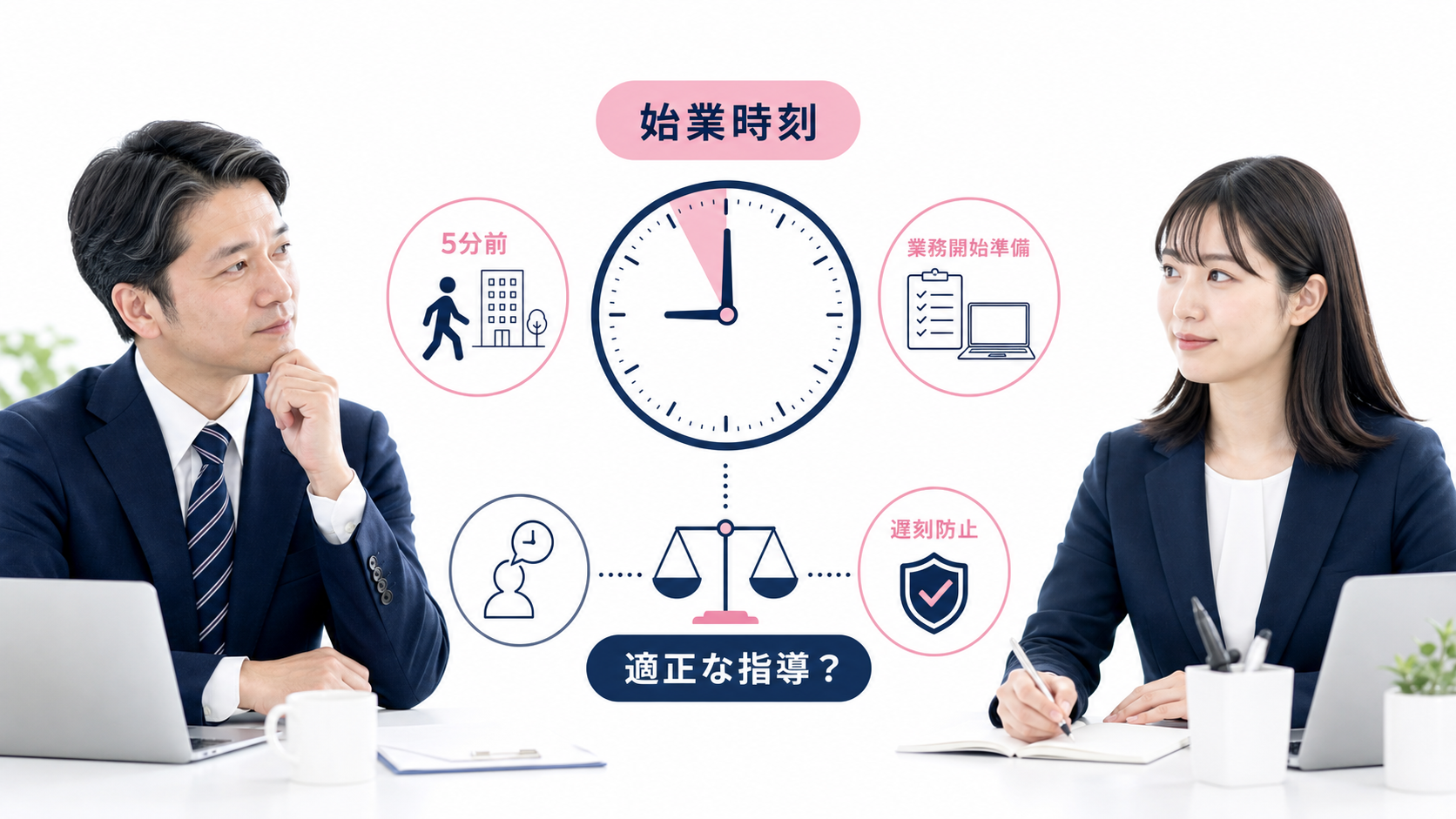 始業5分前の到着指導について時計と境界線を確認する上司と若手社員