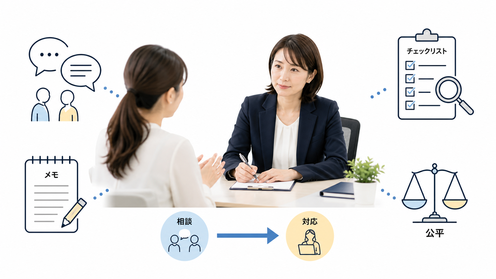 証拠がないハラスメント相談に丁寧に対応する人事担当者のイメージ