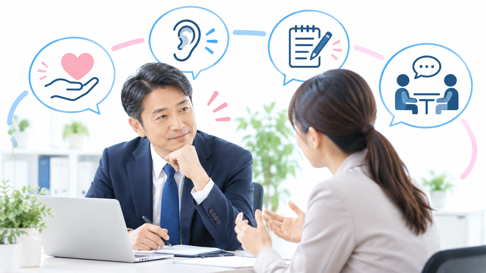部下からハラスメントを指摘された上司が落ち着いて対話へ切り替えるイメージ